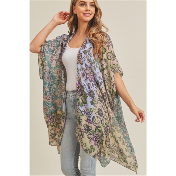 Bohemian Multi Floral Pattern Cardigan Kimono Coverup - Picture 7 of 14